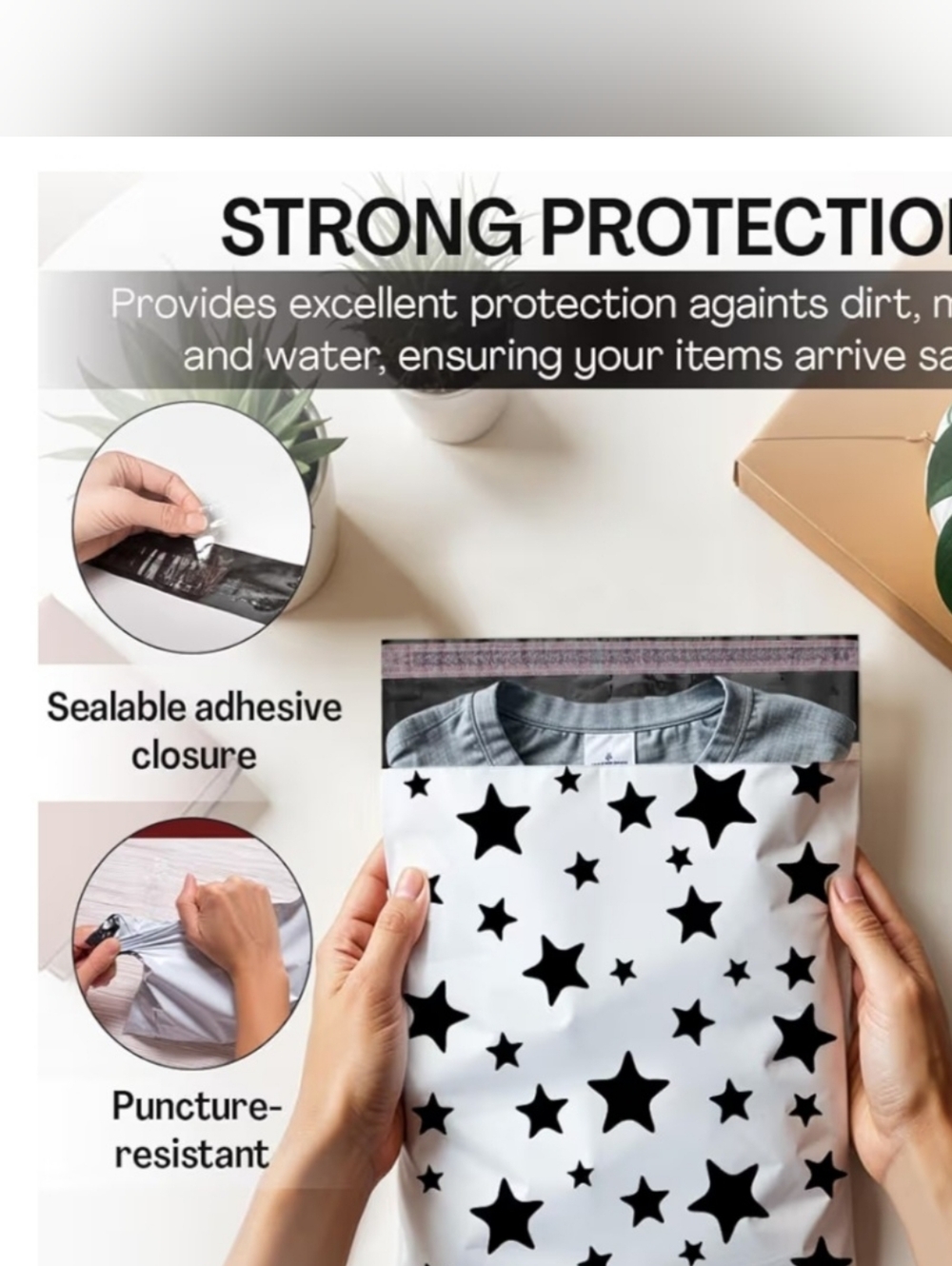 20 Black White Star Polymailers 10x13 Self-Seal Shipping Bags New Waterproof - Picture 5 of 7